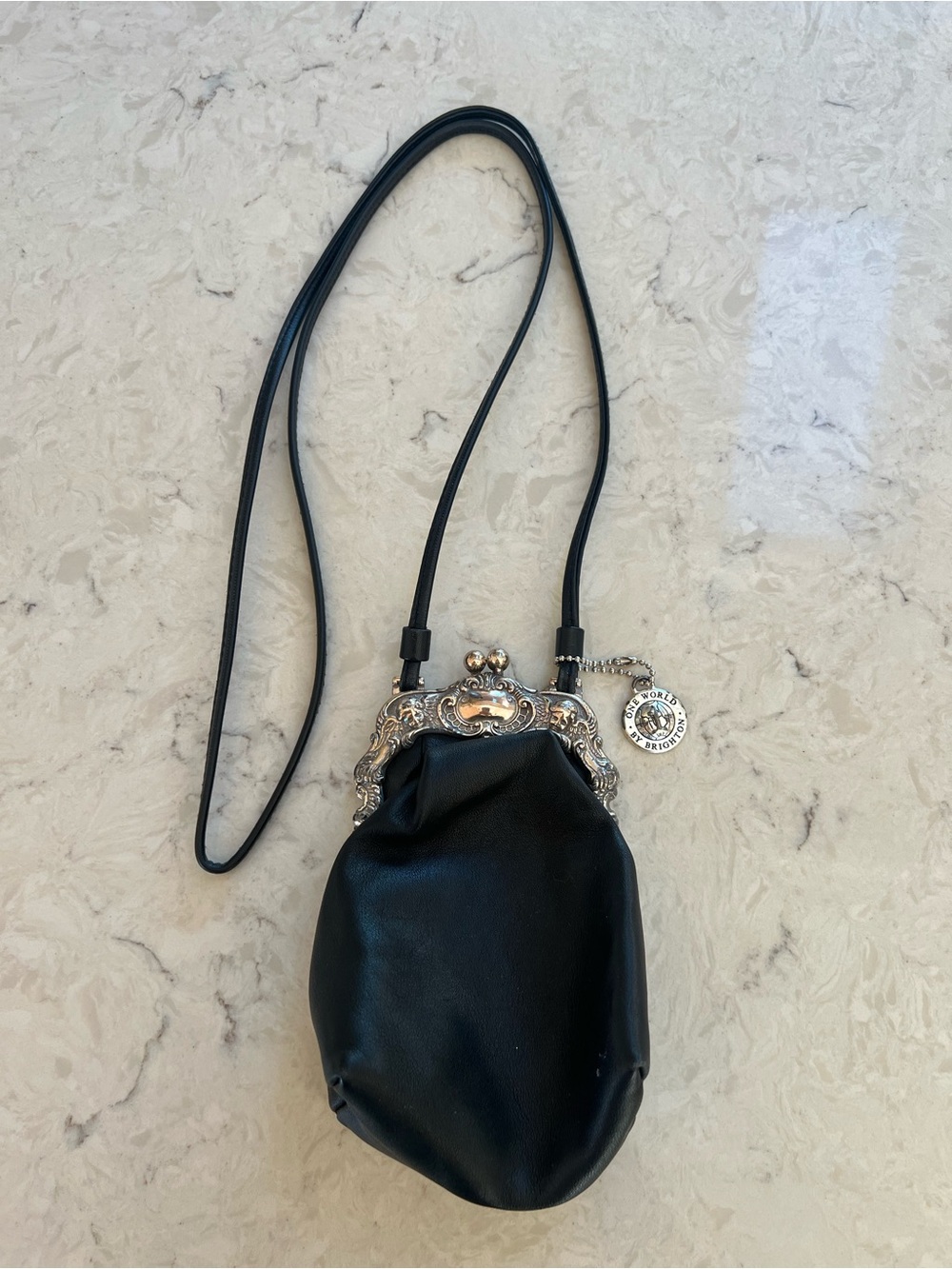 One World by Brighton Stacy Black Leather Kiss Lock Crossbody Mini Bag